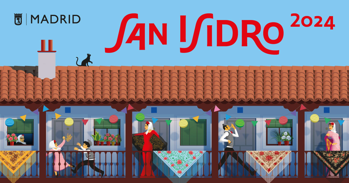 El cartel de las Fiestas de San Isidro 2024 representa una estampa muy castiza en una corrala con aires de verbena, engalanada para celebrar las fiestas del patrón con guirnaldas, farolillos y mantones.